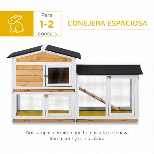 Conejera de Madera Exterior Jaula para Conejos de 2 Niveles con Techo Asfáltico 2 Corrales de Metal Bandeja Extraíble 2 Puertas y Rampa 157,4x53x93,5 cm Natural [5]