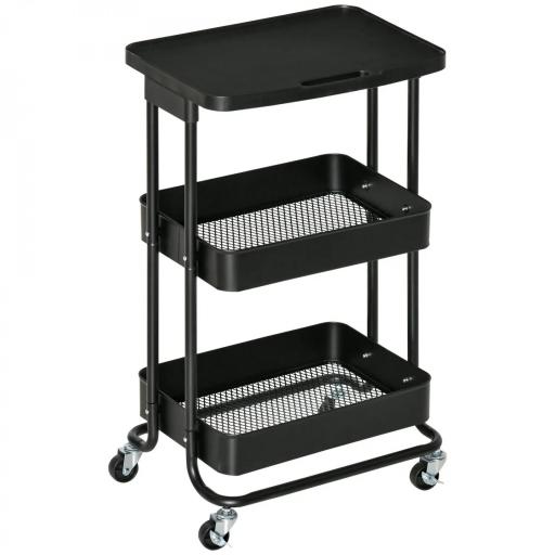 Carrito Auxiliar con Ruedas Carro de Almacenaje de 3 Niveles para Baño Cocina Dormitorio Oficina 46x34,5x76,5 cm Negro [10]