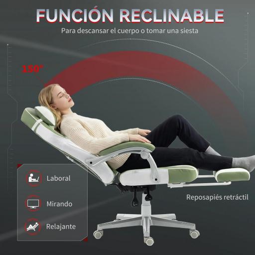 Silla Gamer Reclinable con Altura Ajustable Reposapiés Retráctil Soporte Lumbar y Reposacabezas Desmontable Verde [1]