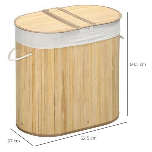 Cesto para Ropa Sucia de Bambú 100L 2 Compartimentos Bolsa Interior Extraíble y Lavable 62,5x37x60,5 cm Natural [1]