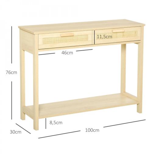 Mesa Consola Mesa de Entrada con 2 Cajones de la Superficie de Ratán y Estante Inferior para Pasillo Salón Dormitorio de Estilo Rústico 100x30x76 cm Natural [1]