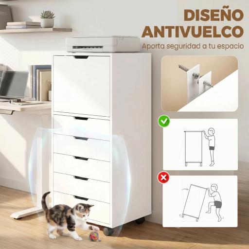 Cajonera de Oficina con 5 Cajones Ruedas y Armario con Cierre Suave Soporte para Impresora Blanco [6]