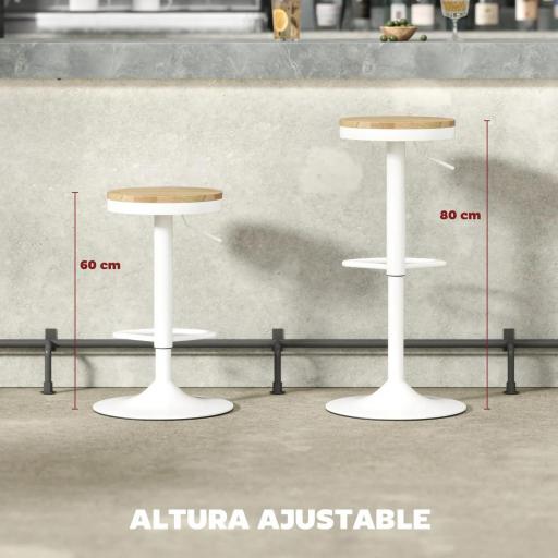 Juego de 2 Taburetes Altos de Cocina con Altura Ajustable Asiento de Madera Marco de Acero y Reposapiés Natural y Blanco [2]