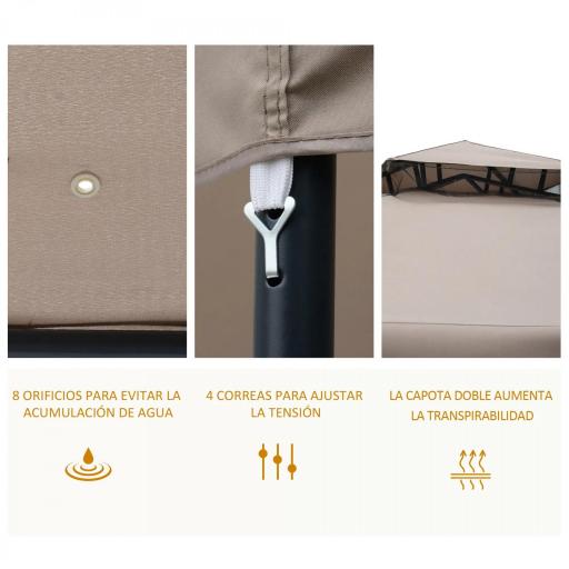 Cenador de Jardín 3x3 m Pabellón de Exterior con Doble Techo de Ventilación 4 Cortinas Mosquiteras Laterales con Cremallera 8 Orificios de Drenaje Gazebo para Fiestas Patio Marrón Pardo [4]