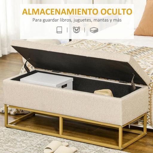 Banqueta con Almacenamiento Banco Rectangular Tapizado en Lino con Tapa Abatible y Patas de Acero 110x44x48 cm Beige [3]