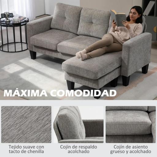 Sofá Chaise Longue Reversible con Estructura de Acero Tapizado en Chenilla 186x130x84cm Marrón Topo [6]