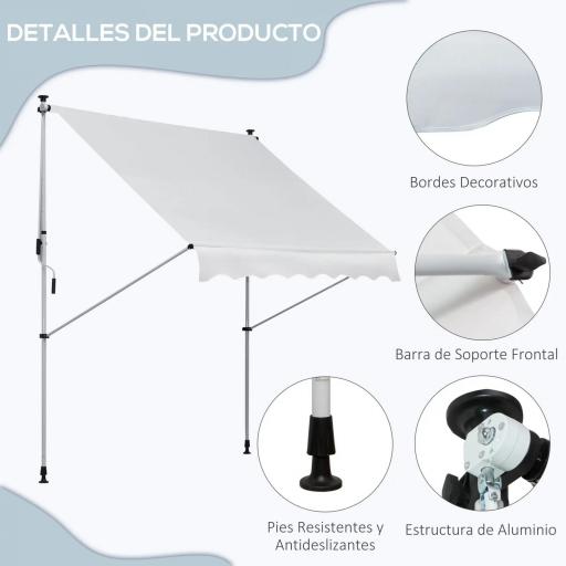 Toldo Manual Retráctil 200x150x170-280 cm para Balcón y Terraza con Altura Ajustable con Manivela Blanco [1]