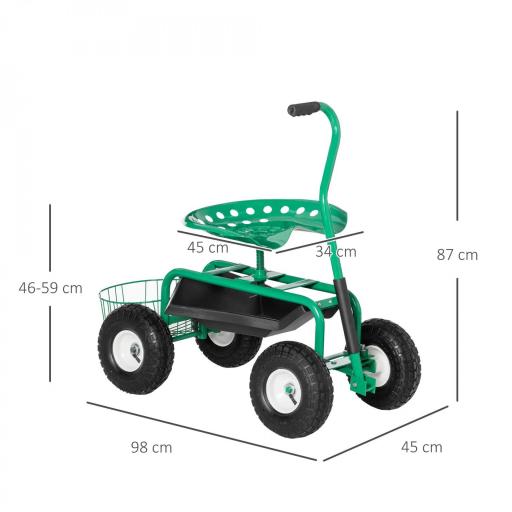 Asiento de Jardín con Ruedas Asiento Giratorio y Ajustable en Altura Bandeja de Herramientas Cesta para Exterior Verde [2]