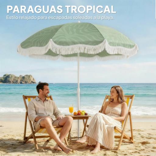 Sombrilla de Playa con Flecos Ø180 cm Altura Ajustable Inclinación Anclaje Arena y Bolsa de Transporte UPF30+ Verde [5]
