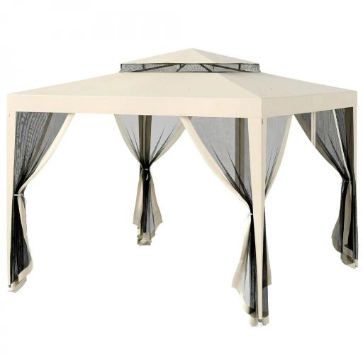Carpa de Jardín 3x3 m Cenador Gazebo con 4 Mosquiteras Laterales Techo Doble 8 Orificios de Drenaje Marco de Metal Beige [8]