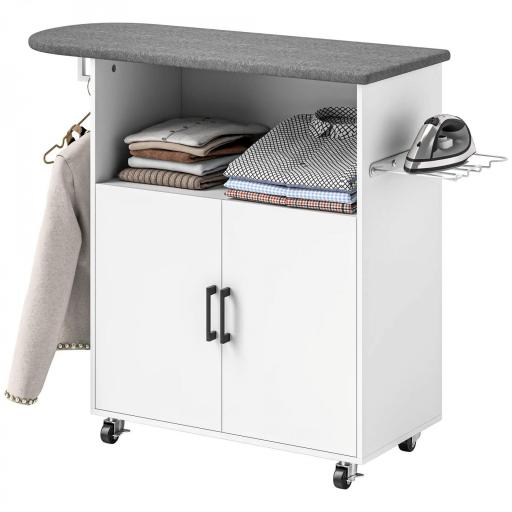 Mueble de Planchar con Ruedas Barra para Colgar Ropa Estante Abierto y Tabla de Planchar 125x43,5x102,5 cm Blanco [3]