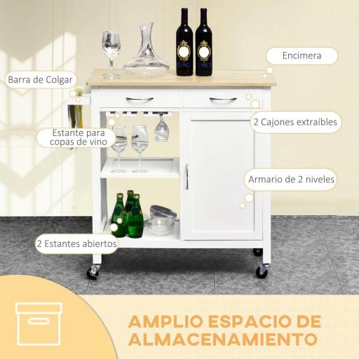 Carro de Cocina Carrito de Servir Multiusos Estantería Carrito Auxiliar con Ruedas para Baño Dormitorio con Estante Cajón Armario 89x40x84cm [2]