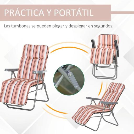  2 Tumbonas de Jardín de Acero con Cojín Acolchado Respaldo Ajustable y Reposapiés 60x75x65-102 cm Rayas Naranja [4]