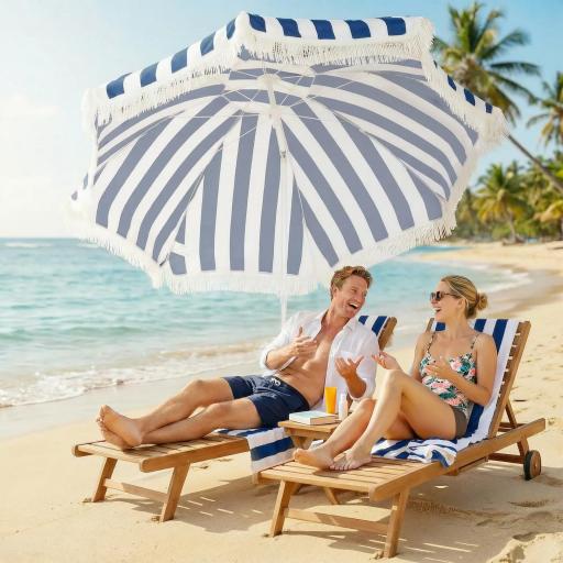 Sombrilla de Playa con Flecos Ø180 cm Sombrilla de Terraza Exterior con Altura Ajustable Inclinación 30° Azul y Blanco [2]