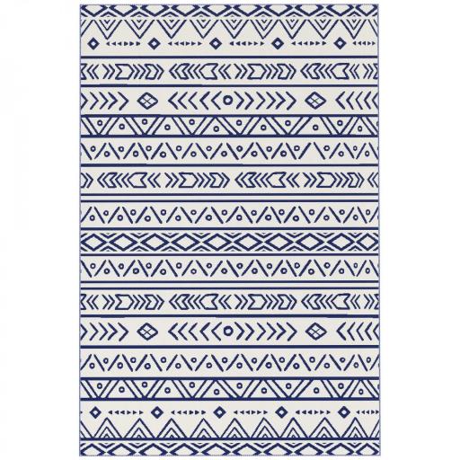 Alfombra de Exterior Reversible 182x274 cm con Patrón Geométrico de Cenefa Impermeable con Bolsa Azul y Blanco [10]
