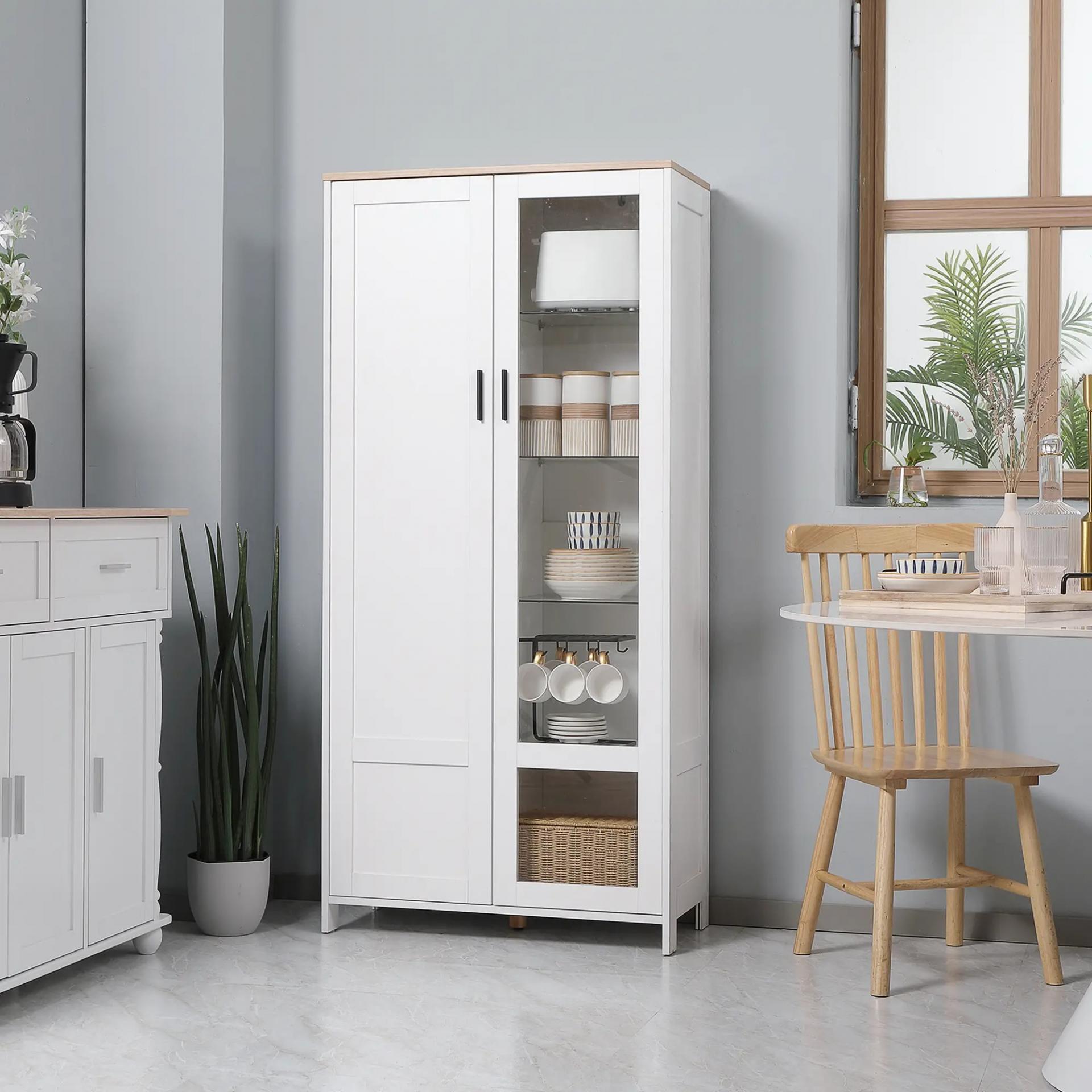 Alacena de Cocina Mueble Auxiliar de Cocina con Puerta de Vidrio y Estantes Ajustables para Comedor 76x36x160 cm Blanco