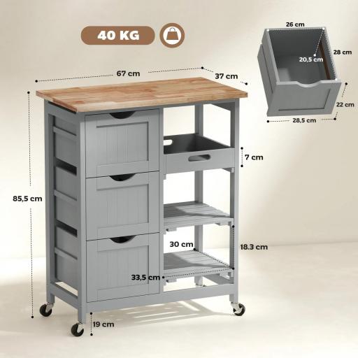 Carrito Auxiliar con Ruedas Carrito de Cocina con 3 Cajones 2 Estantes Abiertos y Bandeja Extraíble 67x37x85,5 cm Gris [1]