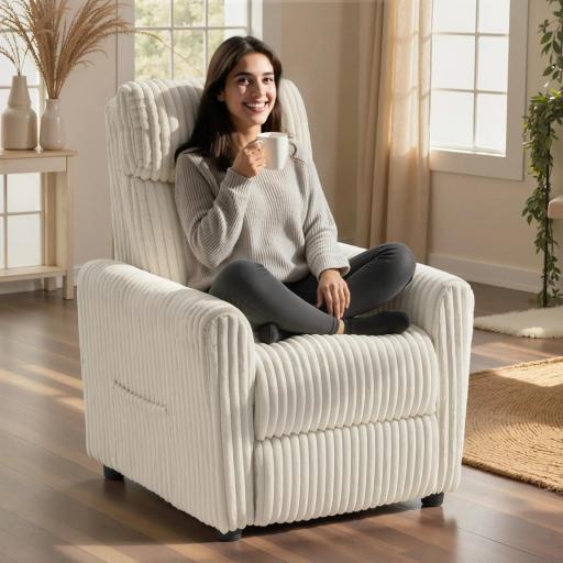 Sillón Relax Reclinable Manual Tapizado en Pana Instalación Rápida Reposapiés Acolchado Grueso Crema