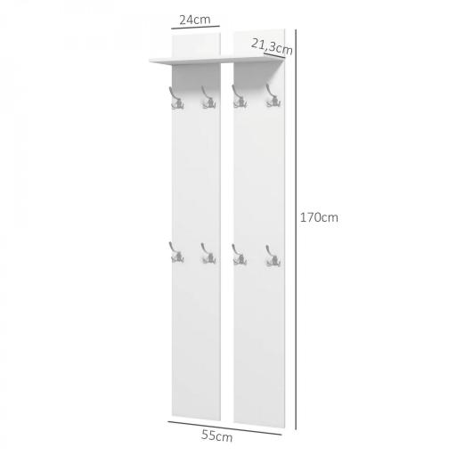 Perchero para Recibidor de Pared con 8 Ganchos y Estante para Entrada Pasillo 55x21,3x170 cm Blanco [1]