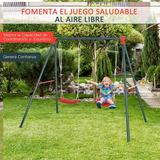 Columpio Doble para Niños +3 Años con Soporte de Metal Juego de Columpio Infantil Cuerda Ajustable Exteriores Carga Máx. 40kg 239x156x180 cm Verde Rojo [2]