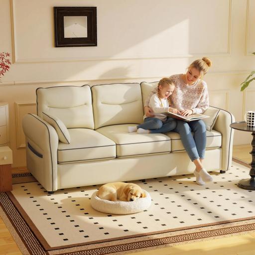 Sofá de 3 Plazas Tapizado en Cuero Sintético Acolchado Grueso Asiento Ancho Reposabrazos Bolsillo Montaje Rápido Beige