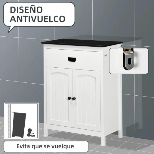 Armario Auxiliar de Baño Estilo Moderno con 1 Cajón 2 Puertas y Estante para Lavabo Ducha 60x30x80 cm Blanco. [5]