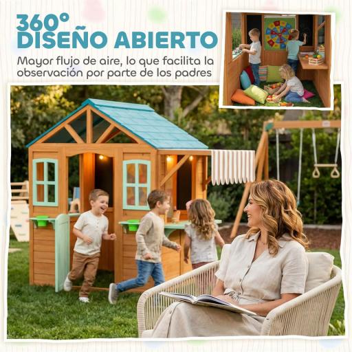 Casita Infantil Exterior e Interior de Madera con Barra de Snack Maceteros Pizarra Ventanas Tela para Tiro y 4 Pelotas [4]