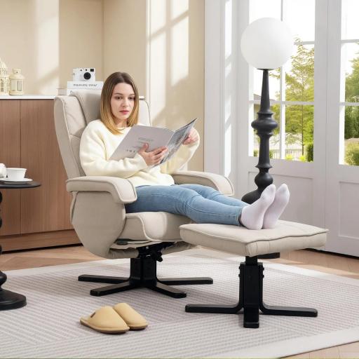 Sillón Relax Reclinable con Reposapiés Giratoria Tapizado en Lino con Base de Madera Beige