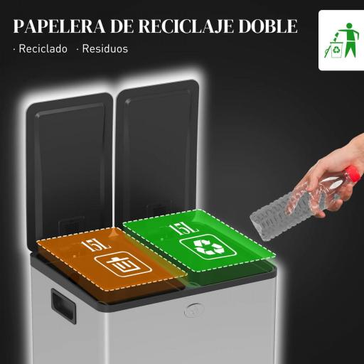 Papelera de Cocina de Acero Inoxidable con 2 Compartimentos 2x15L Pedales Tapas de Cierre Suave y Cubo Extraíble Plata [5]