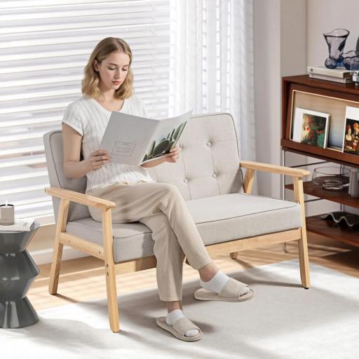 Sofá de 2 Plazas Tapizado en Lino Sintético Sofá Nórdico con Patas y Reposabrazos de Madera 113x67x78 cm Beige