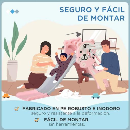 Tobogán para Niños de 18 a 36 Meses con 2 Escaleras 1 Canasta de Baloncesto y Patrón de Tigre 133x60x70 cm Rosa y Gris [1]