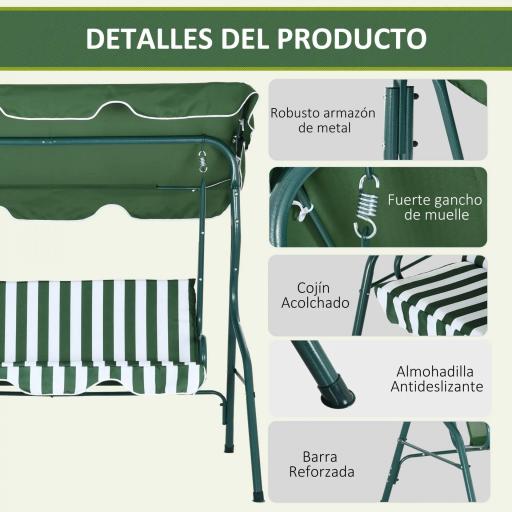 Balancín de Exterior con Toldo Ajustable en Ángulo Impermeable y Marco de Acero para Patio Balcón 170x110x153 cm Verde [6]