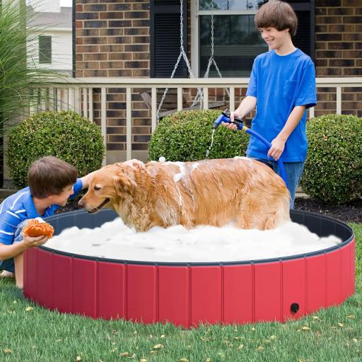 Piscina Plegable para Perros Gatos Ø160x30 cm Bañera Portátil para Mascotas PVC Antideslizante Múltiples Usos para Interiores y Exteriores Rojo