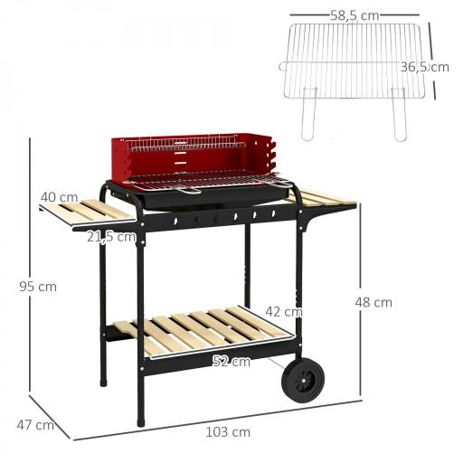 Barbacoa de Carbón con Ruedas Parrilla Ajustable en Altura Estantes y 6 Ganchos 103x47x95 cm Rojo y Negro [1]