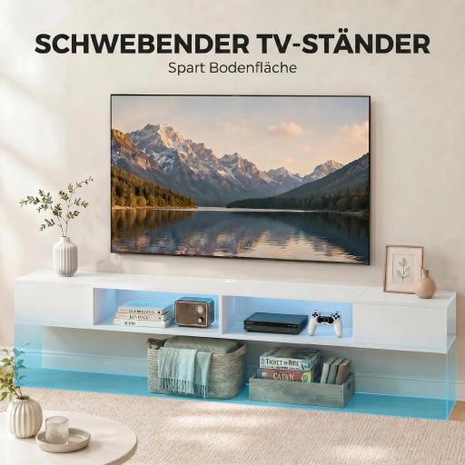 Mueble de TV Suspendido con Luces LED con Estantes Abiertos para Televisión 75 Pulgadas 177,8x30x18 cm Blanco [4]