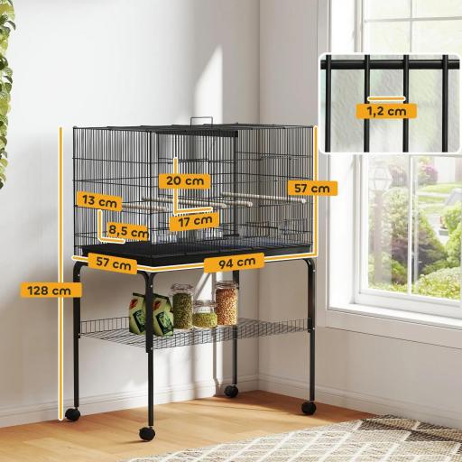 Jaula para Pájaros con Divisor Comederos Bandeja Extraíble y Soporte para Canarios y Periquitos 94x57x57/128 cm Negro [1]