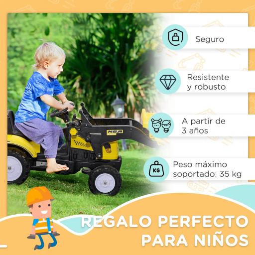 Tractor a Pedales para Niños a partir de 3 Años Excavadora con Pala Delantera Carga 35 kg 114x41x52 cm Amarillo [2]