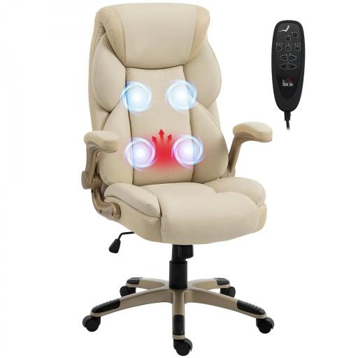 Silla de Oficina con Masaje Vibratorio de 4 Puntos Calor Lumbar Brazos Abatibles Respaldo Alto Altura Ajustable Crema [10]