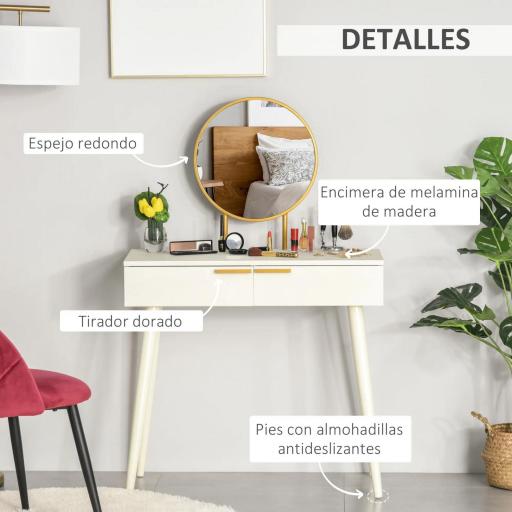 Tocador con Espejo Redondo Mesa de Maquillaje con 2 Cajones Estilo Moderno para Dormitorio Vestuario 80x40x123 cm Blanco [4]