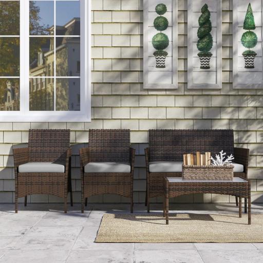 Conjunto Muebles Jardín de Ratán Sintético con Sofá Sillones y Mesa de Vidrio Templado y Cojines Marrón y Gris [3]