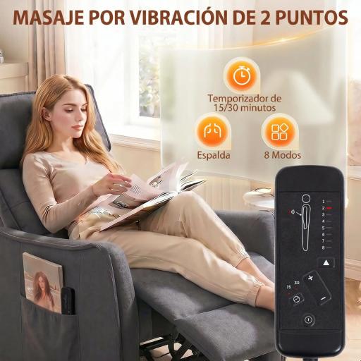 Sillón de Masaje Reclinable con Reposapiés 2 Zonas de Masaje Asiento de Muelles Bolsillos Tapizado en Lino Gris [6]