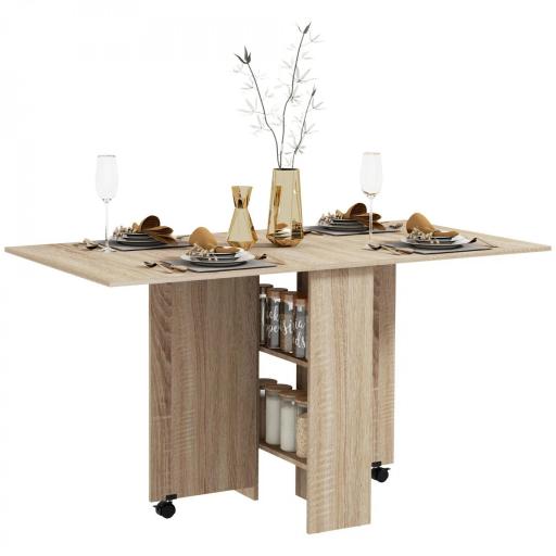 Mesa Plegable con 2 Alas Abatibles de Madera 2 Estantes y Ruedas para Cocina Comedor 75x140x74 cm Madera Natural [9]