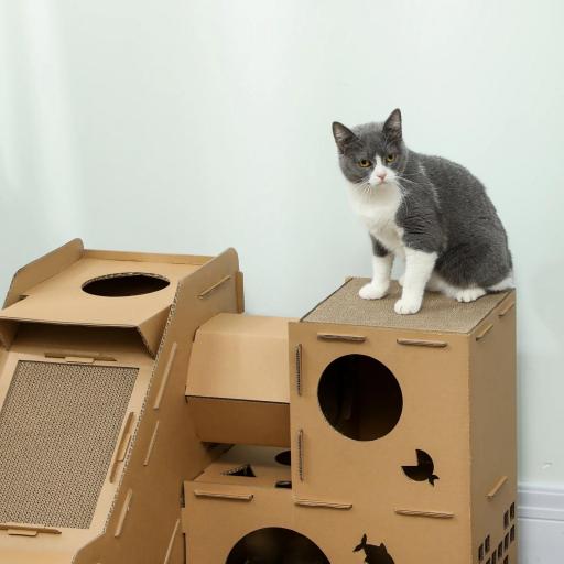 Casa para Gatos de Cartón Forma Castillo 2 Niveles con 3 Zonas de Rascado Túnel Rampa Incluye Hierba Marrón [6]