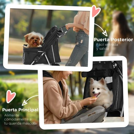 Carrito para Perros Pequeños con Toldo Ajustable Cesta de Almacenaje Portavasos y Ruedas 75x45x97 cm Negro [4]