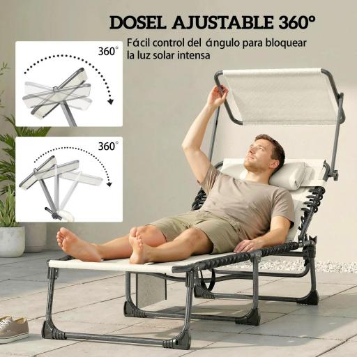 Set de 2 Tumbonas Plegables con Reposacabezas Parasol Bolsillo Lateral y Respaldo Reclinable en 5 Posiciones Crema [2]