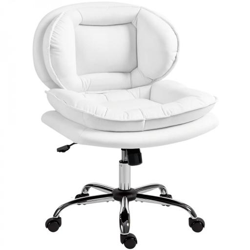 Silla de Oficina Piernas Cruzadas con Asiento Ancho Ruedas Altura Ajustable Doble Acolchado Función Basculante Blanco [8]