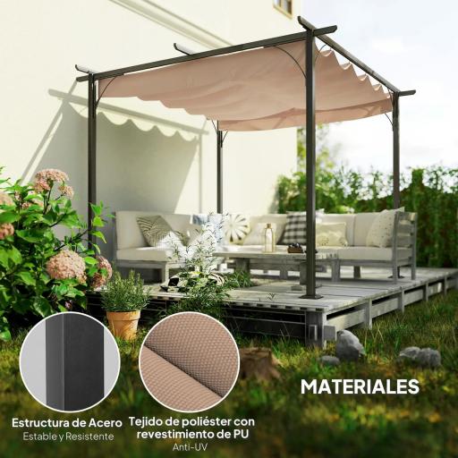 Pérgola de Jardín 3x3m Gazebo Cenador para Exterior con Techo Retráctil Tela Poliéster Impermeable y Anti-UV para Patio Terraza Beige [2]
