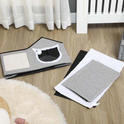 Caseta para Gatos Casa para Gatos Interior con Almohadilla para Rascar Cojín Suave y Bola Colgante 65x41x45,5 cm Gris [5]