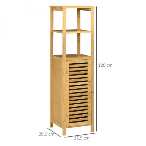Armario Auxiliar de Baño de Bambú Estantería de Baño con 2 Estantes Abiertos y Puerta de Rejilla 32,9x29,9x120cm Natural [1]