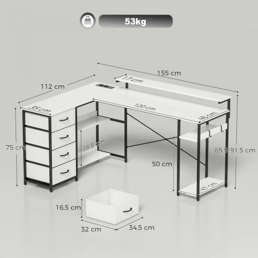 Escritorio en L Reversible con 4 Cajones de Tela 2 Enchufes y 2 Puertos USB Soporte para Monitor 155x112 cm Blanco [1]